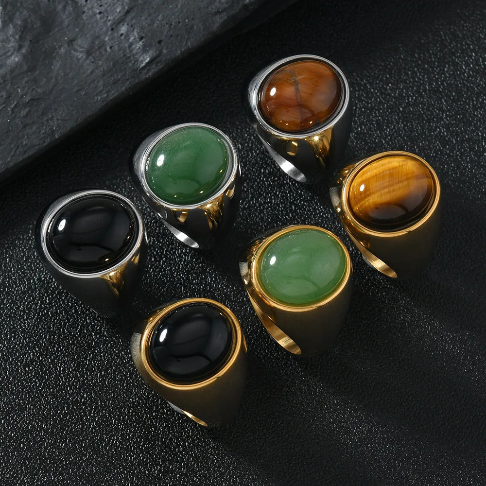 316L Stainless Steel Oval Natural Stone Ring For Men Women Finger Jewelry Accessories Black Green Tiger Eye Stone Rings 250614
