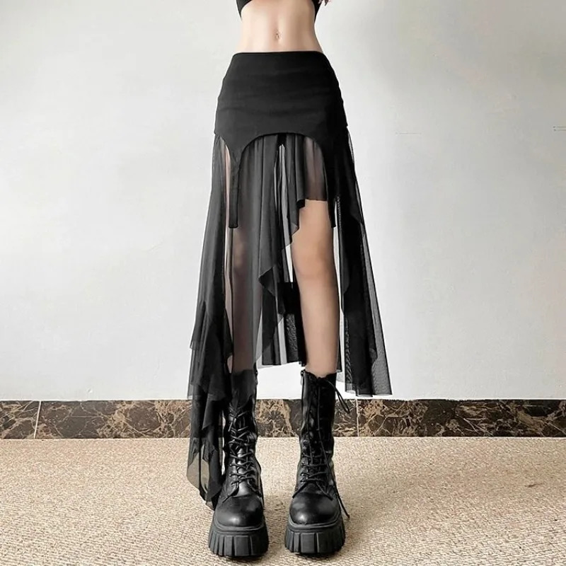 Irregular Mesh Skirt for Women Y2k Girl Style High-waisted Ruffled Skirt Slim Fit Vintage Fashion Female Clothing250609