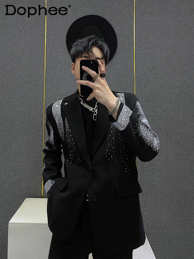 Mens Rhinestone Starry Suit Jackets Handsome Trendy Male Loose HighEnd Jacket Fashion Long Sleeve Black Blazers 250614