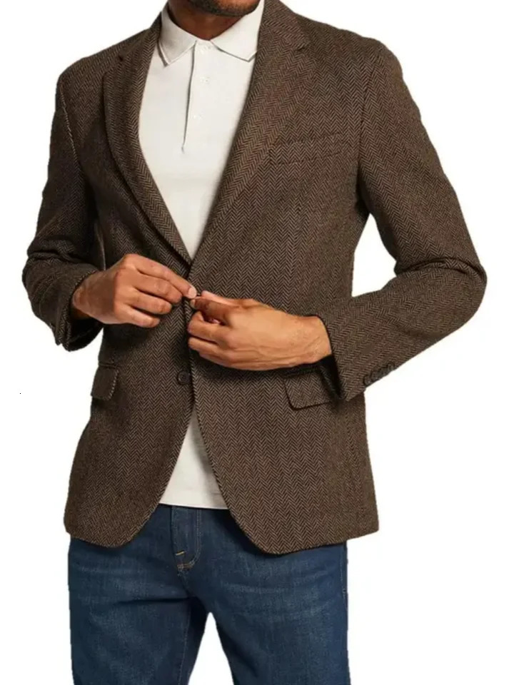 Mens Herringbone Tweed Blazer Notch Lapel Jacket 2 Buttons Casual Sport Coat Wedding Business Groomsmen Prom Party Jackets 250614