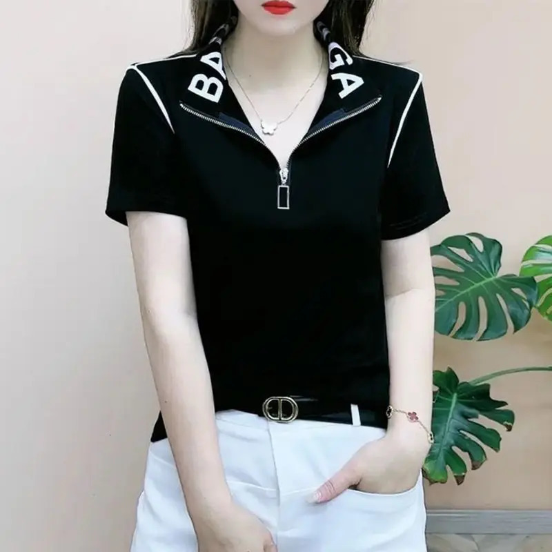 T-shirt à manches courtes pour femme, Polo d'été décontracté, à la mode, Slim Fit, hauts noir, pull à fermeture éclair, 250612