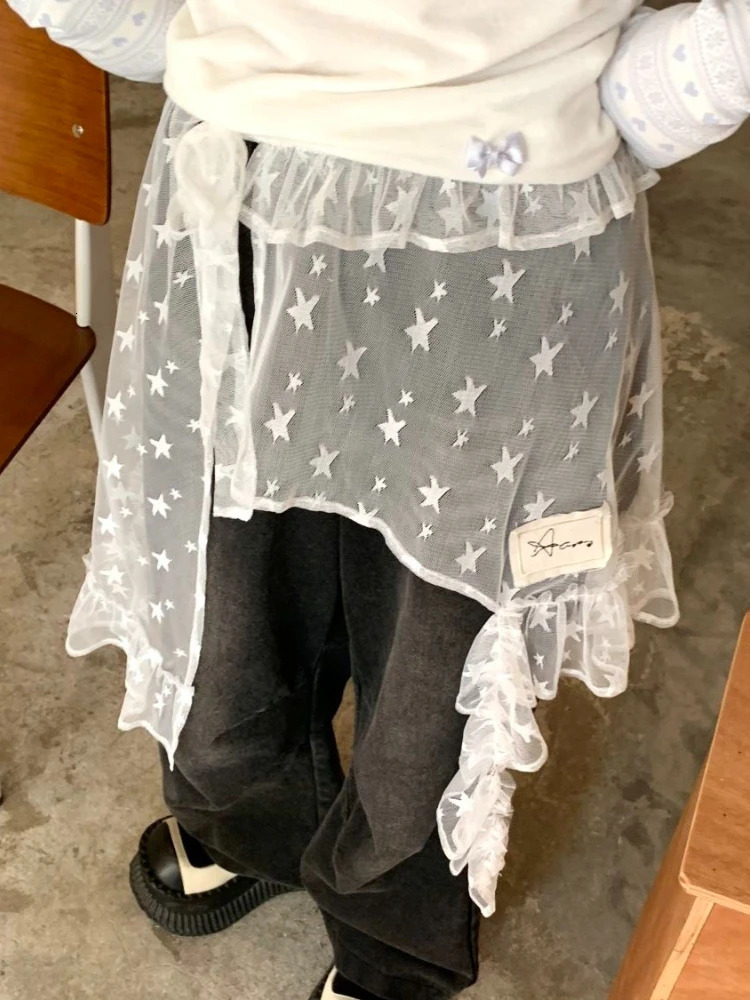 Étoile de mode Gauze Sweet Irregular Chic Women Skirts Japonais Y2K esthétique Split Jupe vintage dentelle décontractée Fairy FALDAS250609
