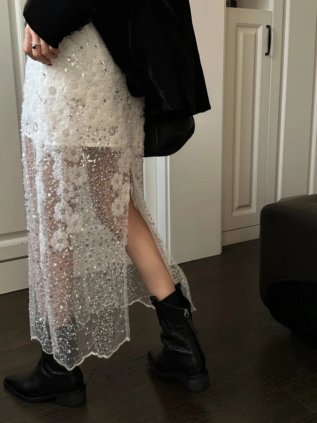 Unique White Lace Beaded Sequins High Waist Skirt Womens Trend250609