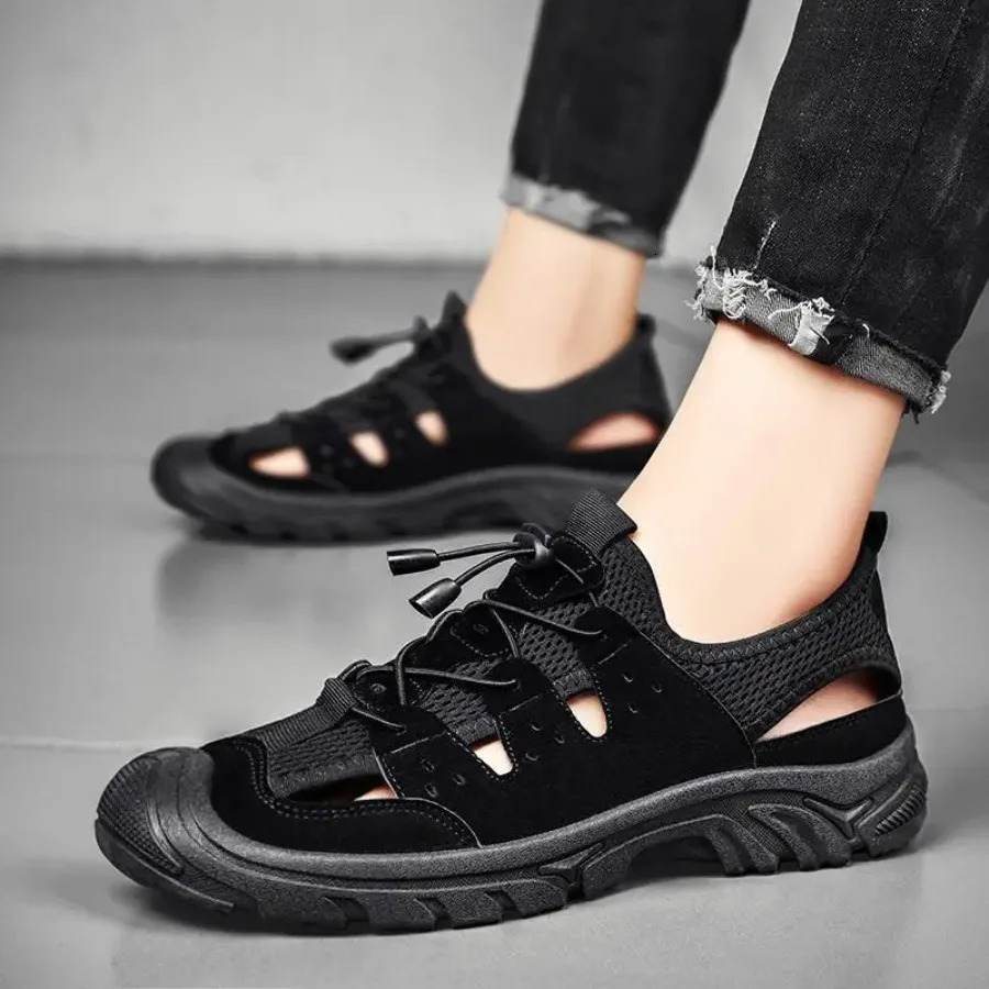 Chaussures de plage aux pieds nus camping voyage baotou sandales masculines robes d'extérieur tendance fraîches pantoufles maille rapides sèche