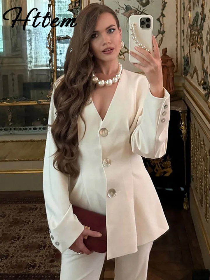 Elegant Solid Blazer Set Women Gold Button Pleated Long Sleeve V-neck Jacket Straight Pant Suit Spring Lady Outfit 250614