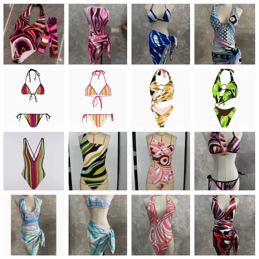 Vibrant puccily Psychedelic Bikini Print Halter Swimsuit Dress Asymmetrical Cutout Bathing Suit with Satin Wrap Skirt Designer Beach-image-870018643
