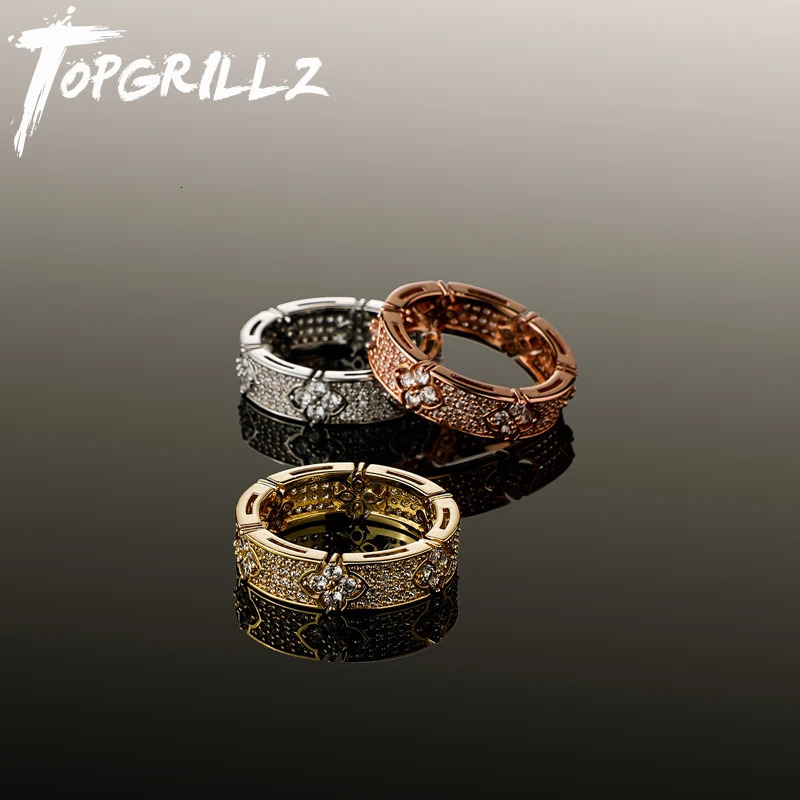 TOPGRILLZ 6MM Iced Out Four Leaf Flower Ring Full Micro Pave Bling Cubic Zirconia Round Engagement Wedding Rings for Women Men 250614