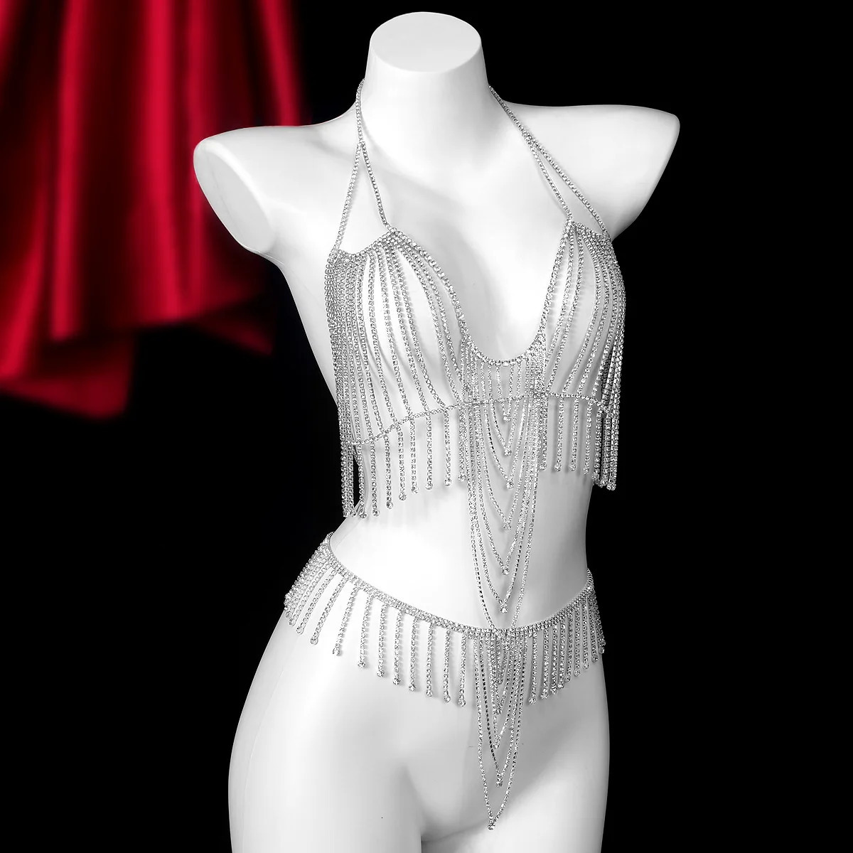 Light Tassel Pendant Bikini Rhinestone Chest And Waist Chains Two Piece Set Nightclub Womens Jewelry250609