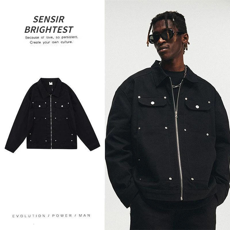 American Style High Street Metal Stud Denim Jacket Mens Retro Hip-hop Washed Loose Zipper Crock Jacket Mens 250614