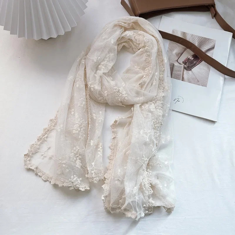 Vintage Hollow Lace Scarf Womens Shawl Silk Transparent White Gauze Embroidered Thin Cotton and Linen Spring and Autumn 250611