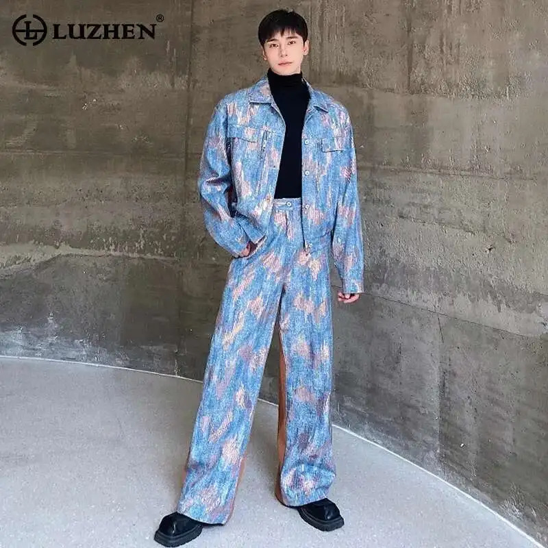 LUZHEN Spring Mens Denim Casual Jacket Straight Tube Pants Korean Sequin Decorate Trendy Two-piece Sets Suits LZ2739 250614