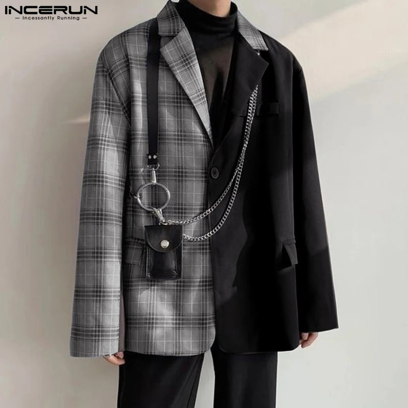 Stylish Casual Style Tops INCERUN Mens Plaid Splicing n Suit Coats Street Personality Loose Long Sleeved Blazer S5XL 250614