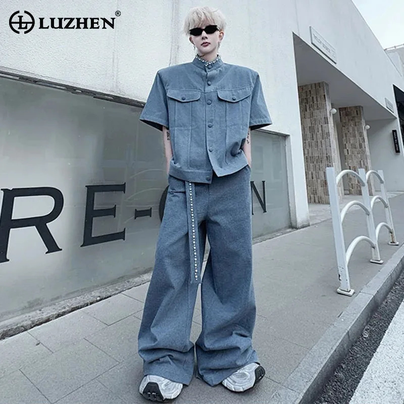 LUZHEN Summer Streetwear Mens Fashion Handsome Short Sleeve Denim Shirts Loose Wide Leg Jeans Plain Two-piece Sets JY1357 250614