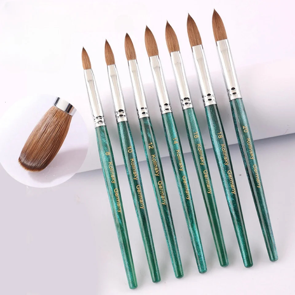 100% Kolinsky Hair Acrylic Nail Brush Nail Art Brushes with Green Plastic Handle Acrylic Nail Tools for Beginner 250611