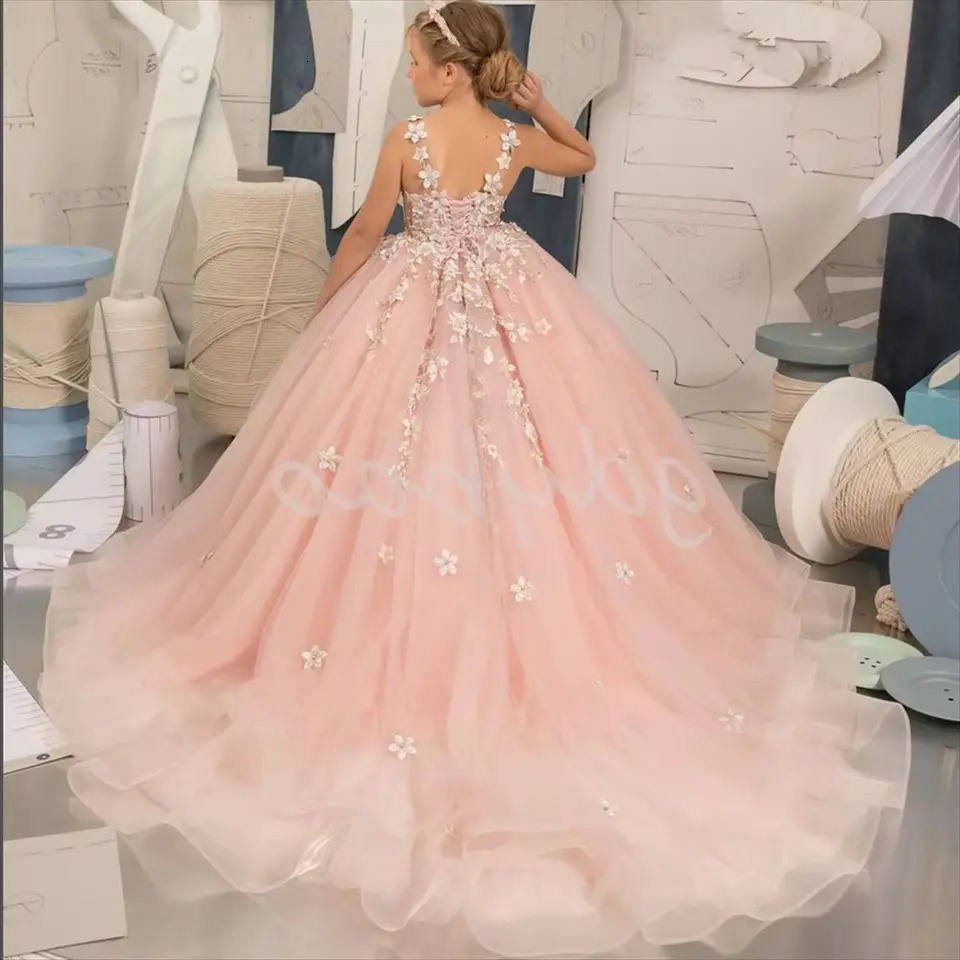 Robe de fille de fleur en dentelle pour fête et mariage tulle sans manches communion princesse robe de bal de bal de robes enfants filles 250614