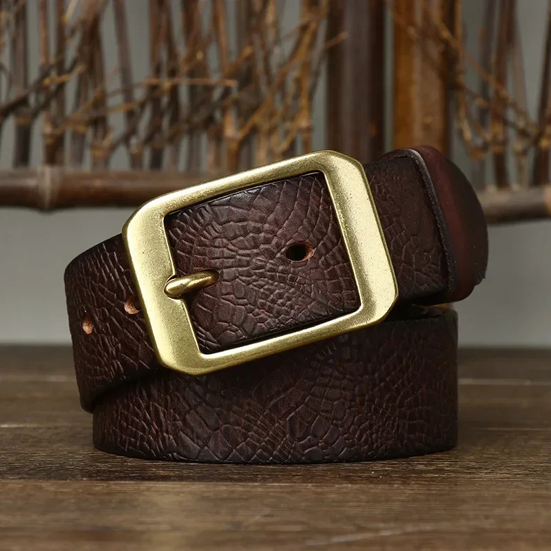 100% cuir véritable 3.8CM peau de vache Pure ceintures de haute qualité pour hommes sangle mâle boucle en laiton fantaisie Vintage Jeans Cintos 2