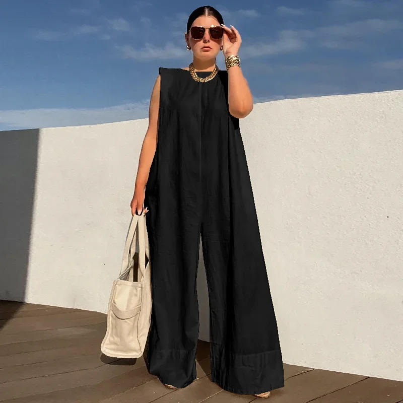 Lemongor Womens Shoulder Pad Jumpsuits 2025 Summer Sleeveless Solid Color Oversize Loose Casual Fashion Wide Leg Jump Suits 250605