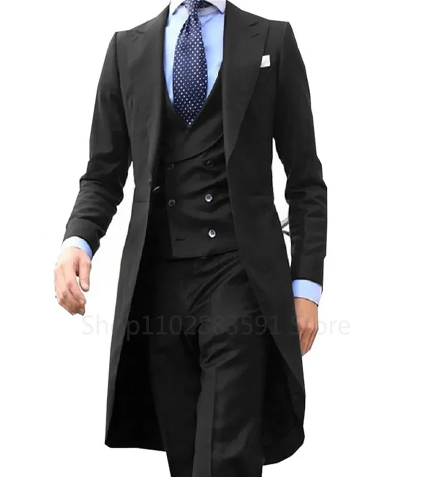 3 Pieces Green Long Tail Blazer Gentleman Male Suit Mens Fashion Groom Tuxedo for Wedding Prom Jacket Vest with Pants 250614