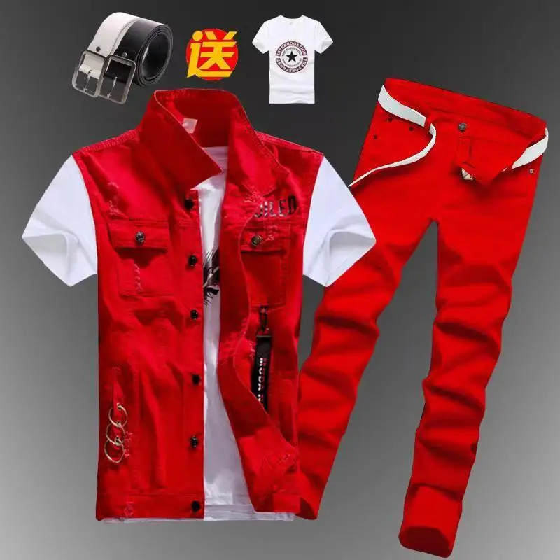 2pcs Set Mens Boys Casual Denim Vest Sleeveless Waistcoat Jeans Pants Trousers for Summer Autumn Spring Free Send Tshirt Belt 250614