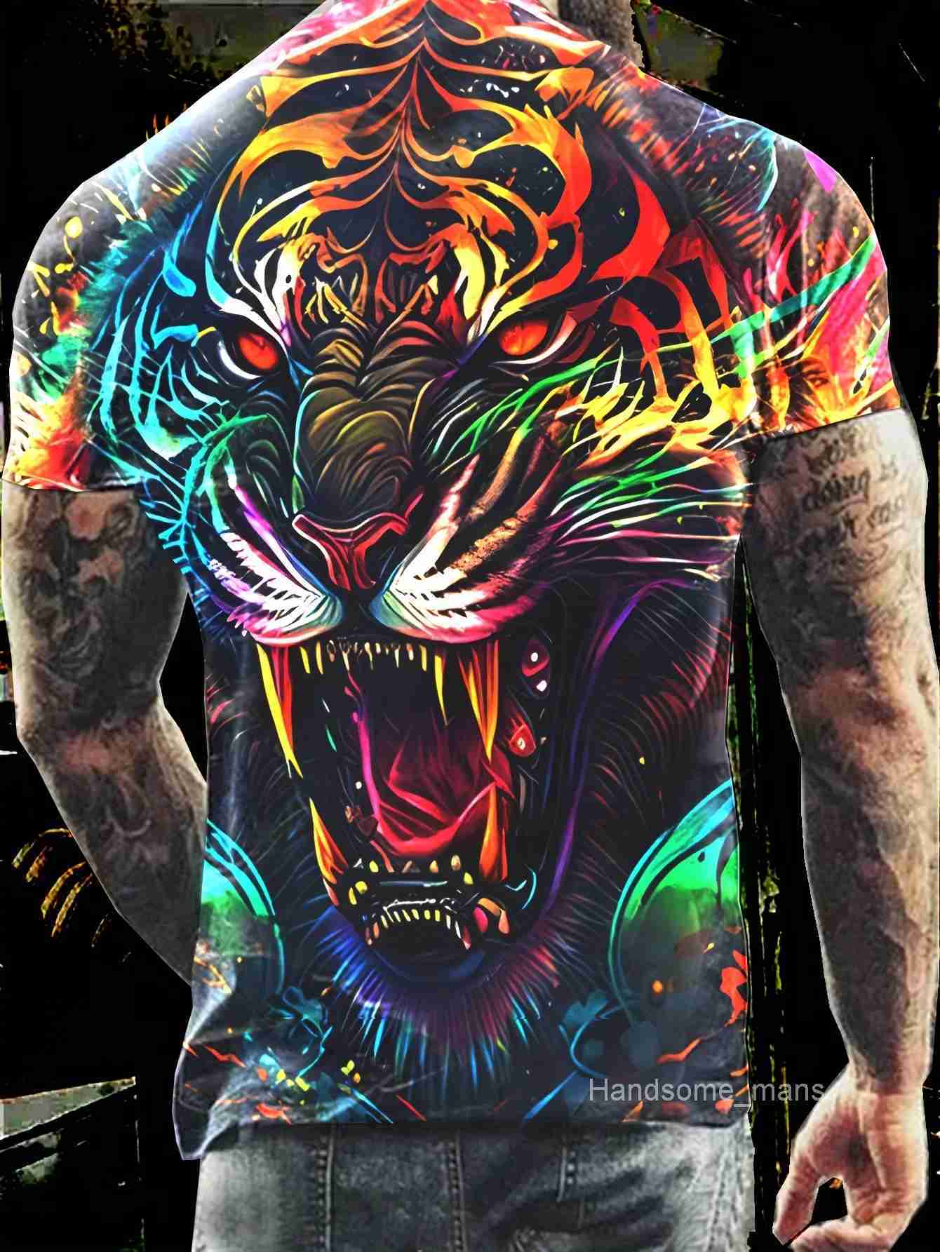 Plus Size Heren T-shirt met kleurrijke tijgergrafische print voor de zomer. Mode casual T-shirts met korte mouwen voor grote lange mannen