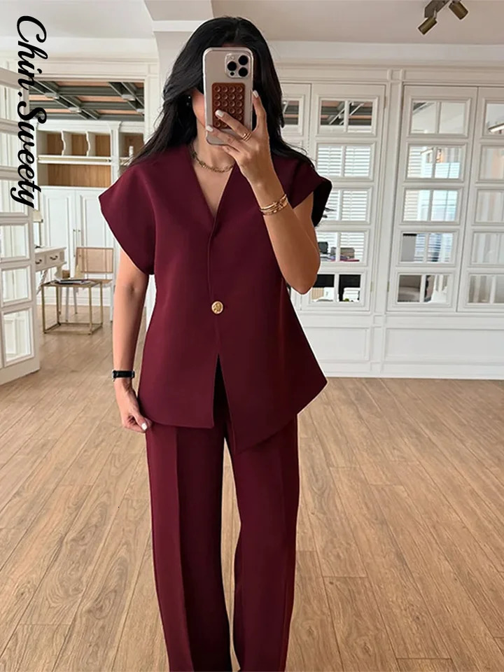 Pantalon de femme décontracté costume à bouton simple Blazer haut taille pantalon de jambe large costume printemps été 2 pièces Set Femmes 250614
