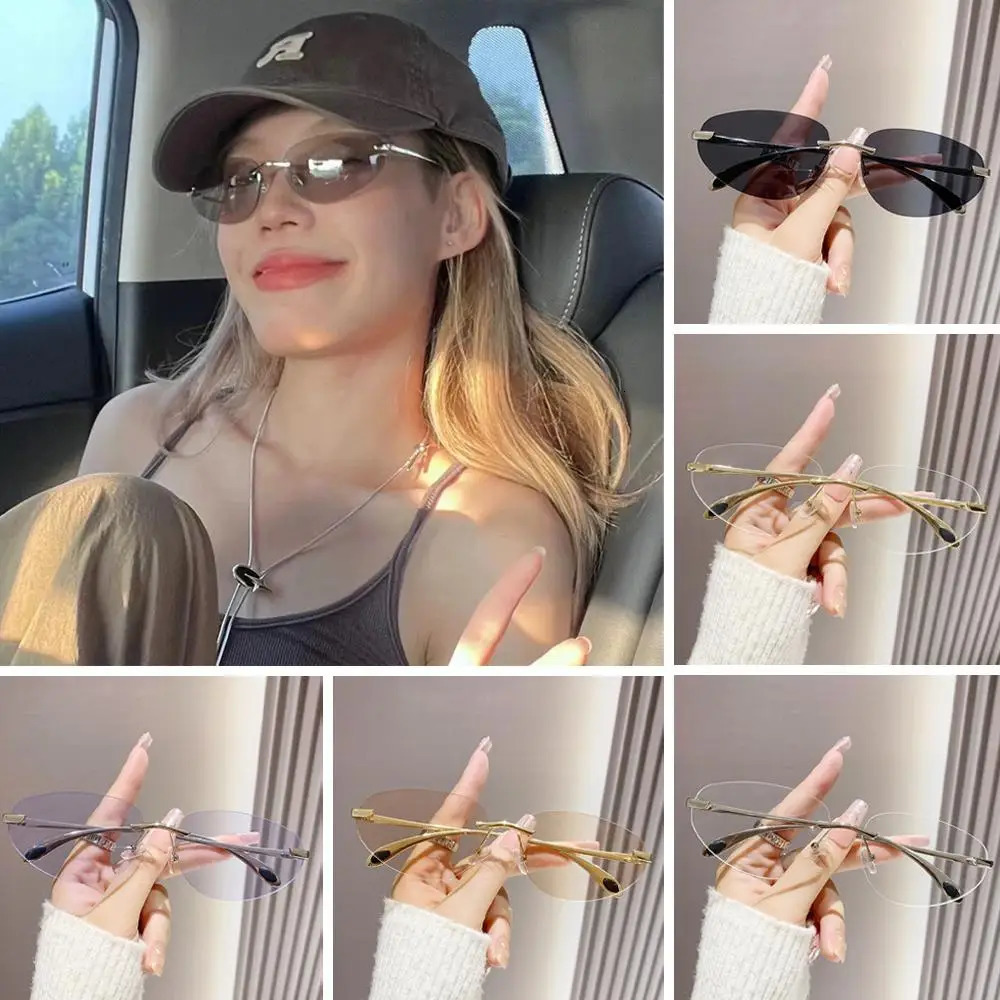 Y2K Retro Frameless Metal Oval Sunglasses Cat-Eye Shades for Women Trendy European American Round/Square Face Sun Glasses 250612