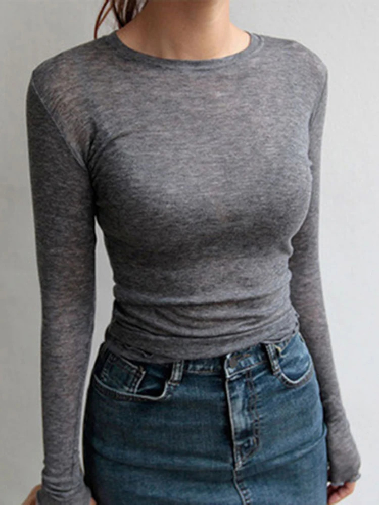 High Quality Plain T Shirt Women Elastic Basic Tshirts Female Casual Tops Long Sleeve Sexy Thin Tshirt see through 250603