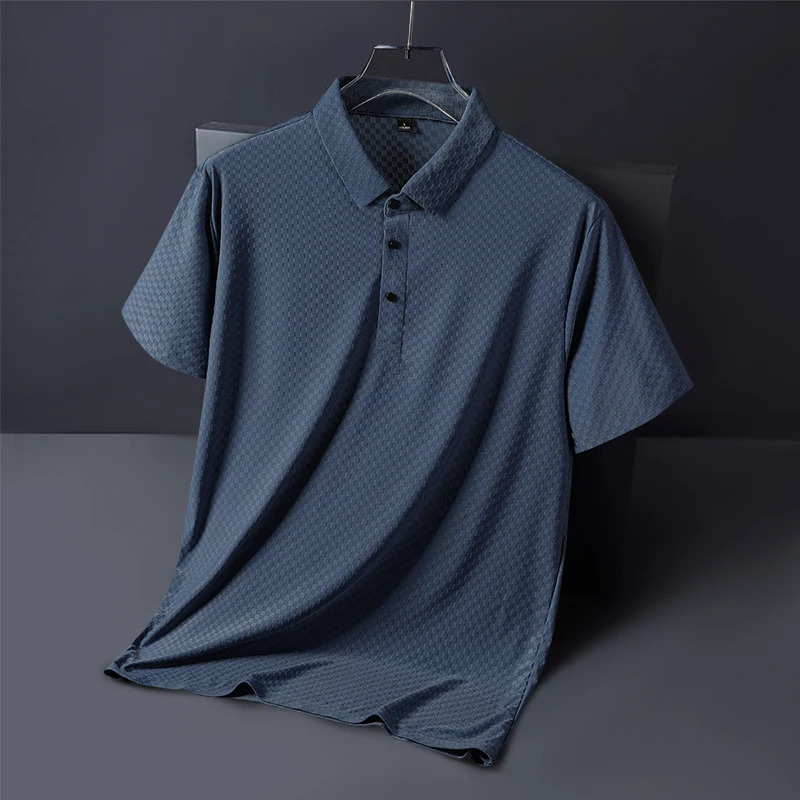 Spring and summer nylon spandex mens short sleeved Tshirt ice silk traceless plaid thin business lapel polo s 250603