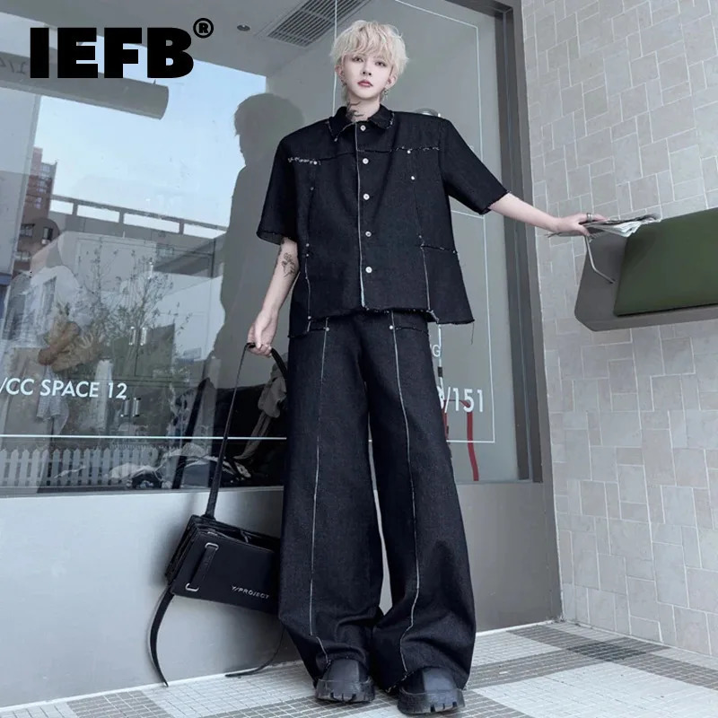 IEFB Mens Pants Set Summer Fringed Zipper Short Sleeved Single Breasted Trendy Solid Color Denim Pants Menwear 9W1799 250614