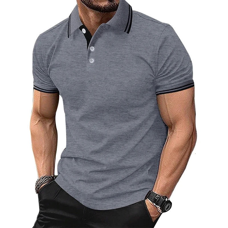 Summer Mens Fashionable Short Sleeved Polo Shirt Business Casual Three Button Sport Solid Color Slim Fit Top 250603