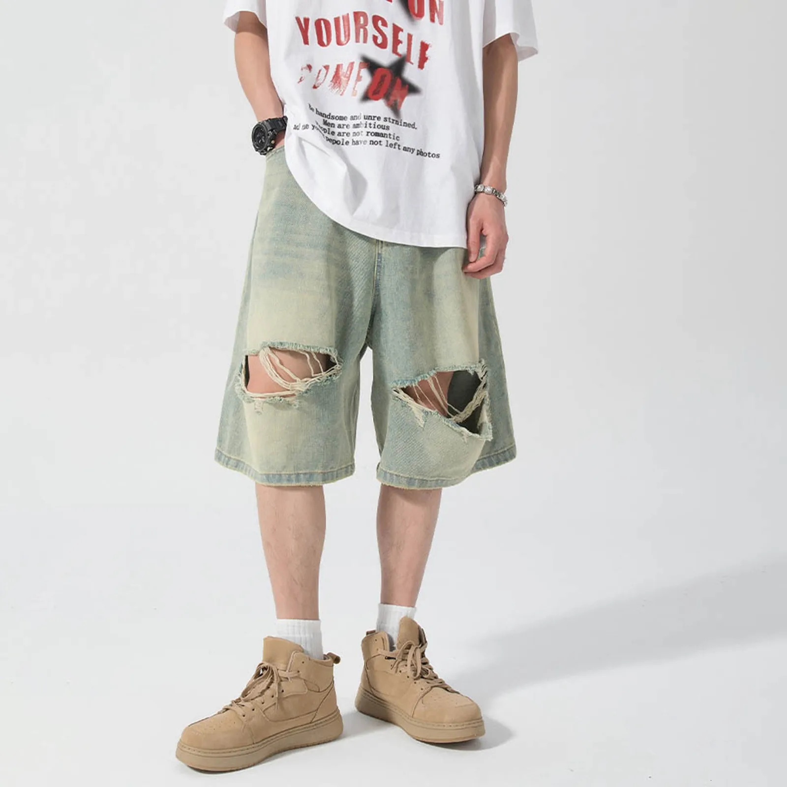 Summer Distressed Denim Shorts For Men Cut Out Harajuku Gothic Hip Hop Baggy Jeans Denim Shorts Streetwear Jeans Shorts 250614