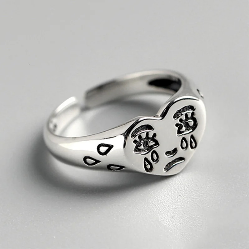Retro Heart Shape Crying Face Ring For Men Women Silver Color Punk Gothic Open Ring Handmade Unisex er Jewelry Accessories 250614