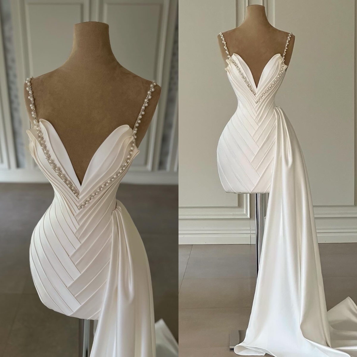 Stunning Short satin Dresses bridal gowns pearls A-Line straps mini Wedding Dress pleated side train designer dress for bride