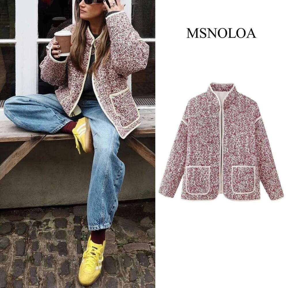 MSNOLOA 2024Quilted Fall And Winter New Floral Print Thickened Stand-Up Collar Cotton Fashionable Women's Jacket