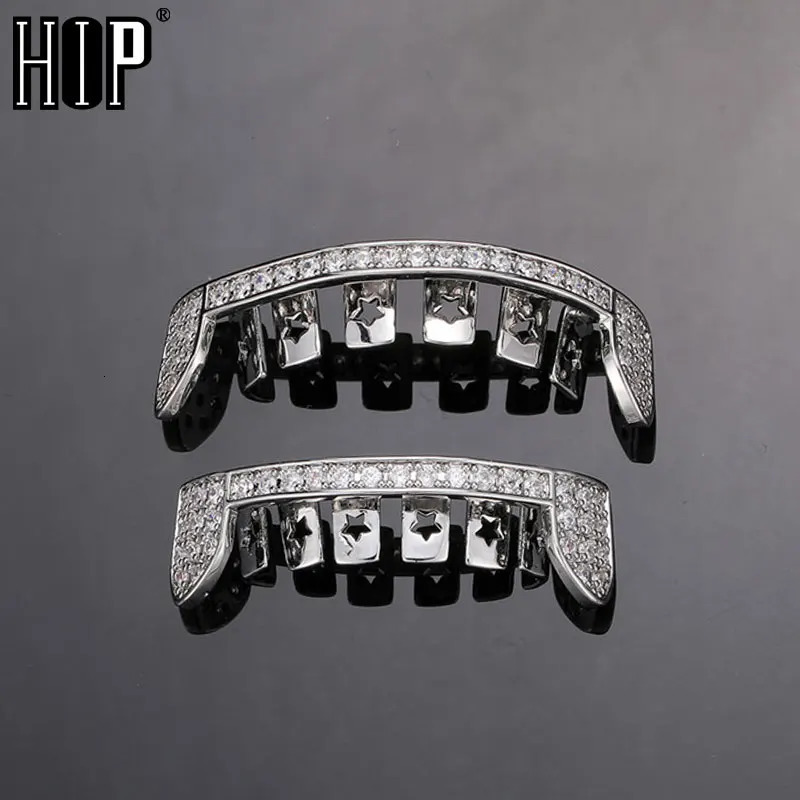 Hip Hop Iced Out Teeth Caps Bling Cubic Zircon Micro Pave Top Bottom Charm Grills Set For Men Women Jewelry Gift250616