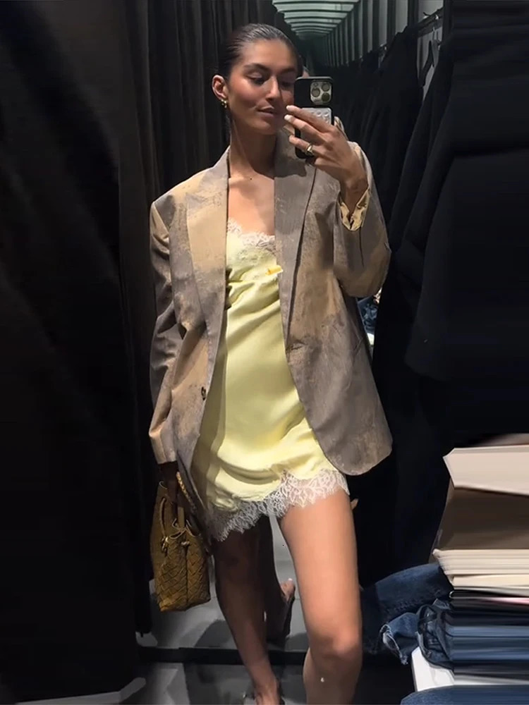 Lace Patchwork Halter Mini Dress Female Lapel Print Loose Suit Jacket Casual Commuting Womens Coat Solid Color Short Dresses 250612