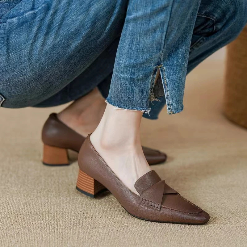 Comemore Pleated Slip on Mid Heels Office Ladies Shoe Chunky Heel Women Square Toe Shoes for Woman Womens Autumn Pumps 250614