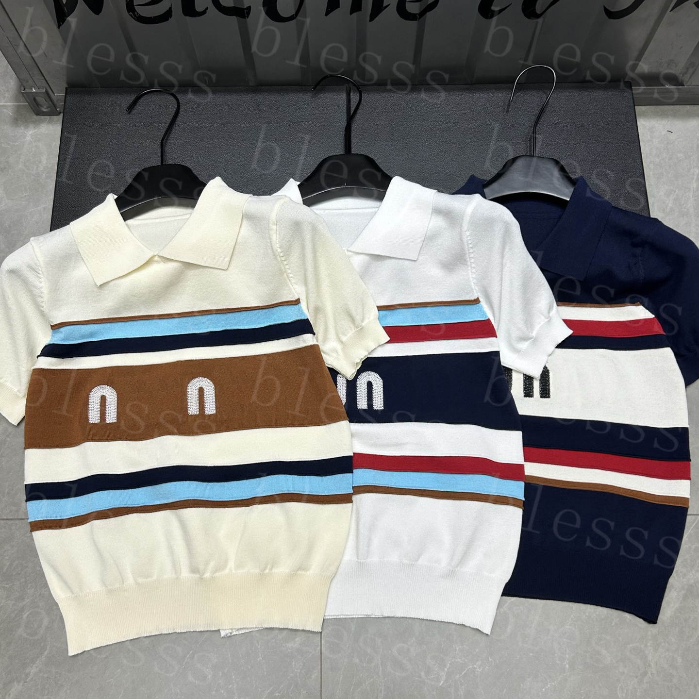 Letter Lapel Collar Knitted T-shirt For Womens Designer Tee Shirts Tops Luxury Short-sleeve -8 Splicing Color Knit Sweater DPD2506165