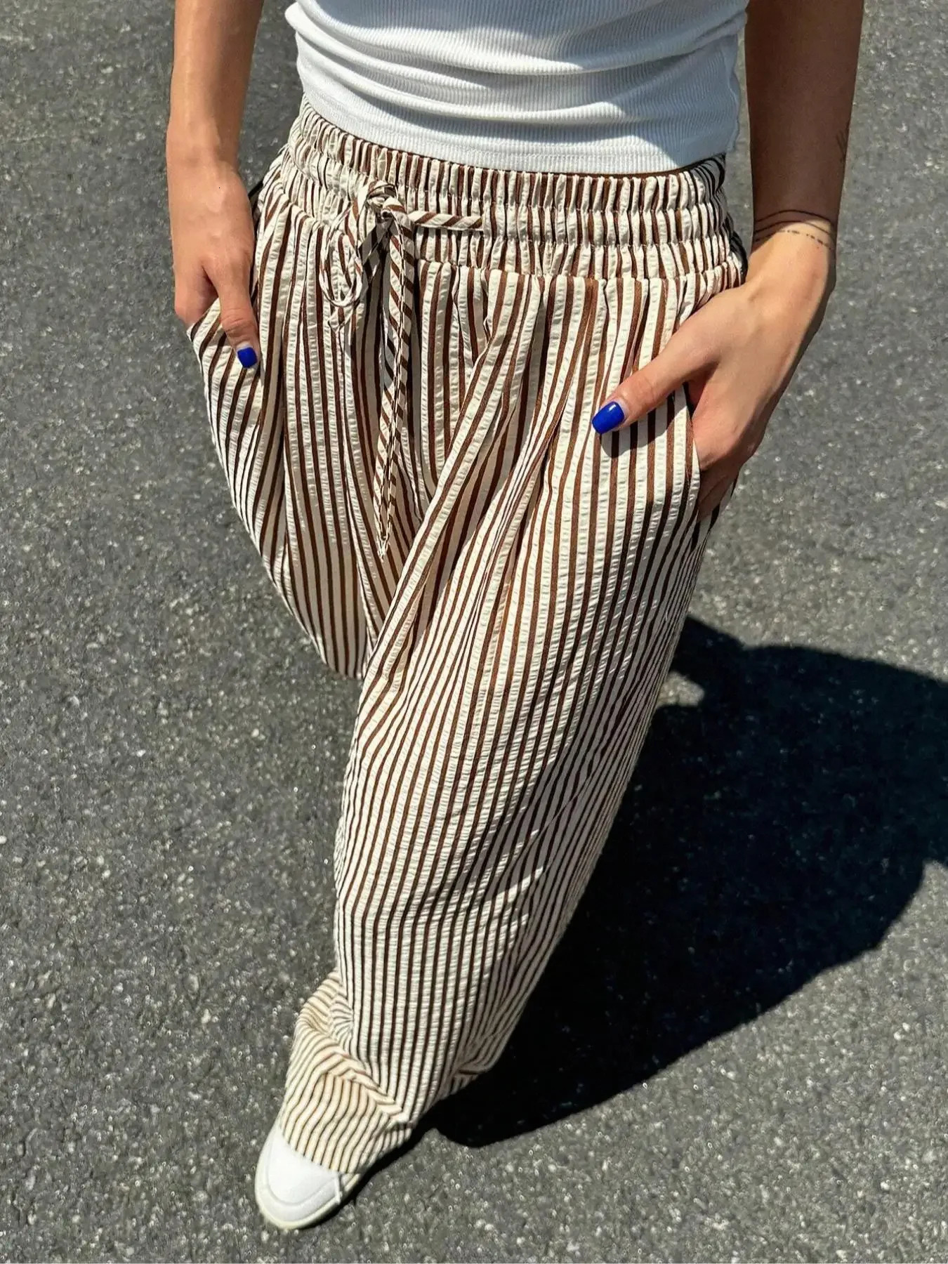 Womens Fashion Plus-size 1XL-5XL Comfortable Striped Drawstring Casual Pants Loose Stretch Mid-waist Tracksuit Pants 250614