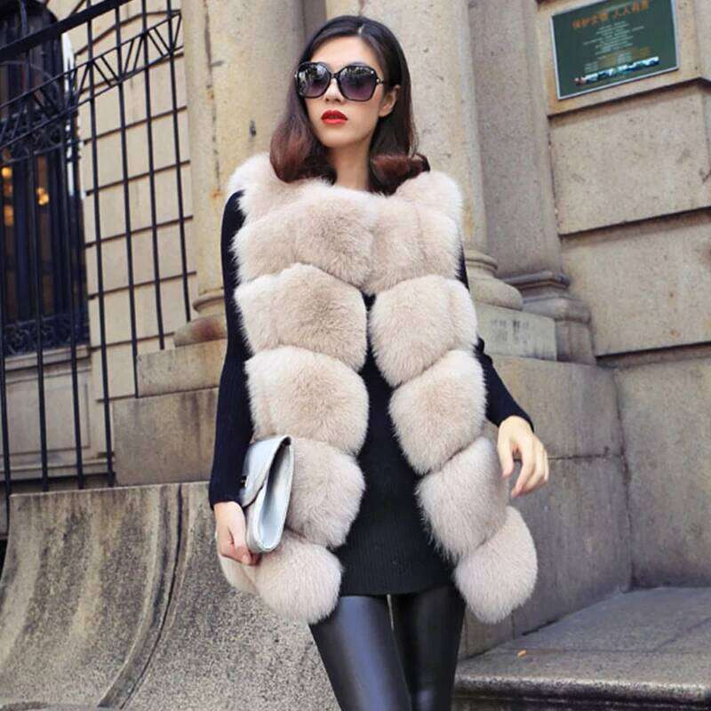 Gilet long en fausse fourrure de renard pour femme, veste en fourrure patchwork sans manches avec doublure en coton et doublure en cachemire, vêt