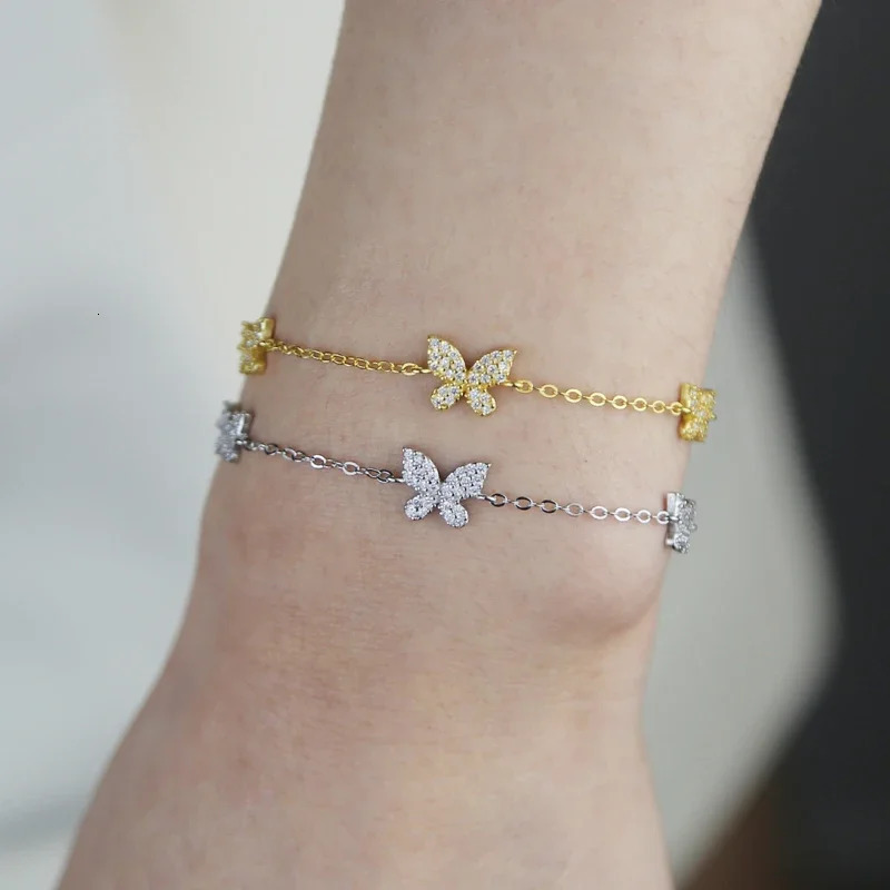 925 Sterling Silver Sparkling CZ Butterfly Link Chain Paved Bling Cz Cute Charm Bracelet for Women Girls Sweet Birthday Gifts 250613