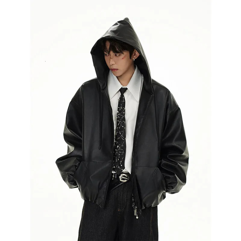 PU Leather Bomber Jacket Men Streetwear Fashion Loose Casual Vintage Leather Hooded Short Motorcycle Jacket Hoody Coat Outerwear 250614
