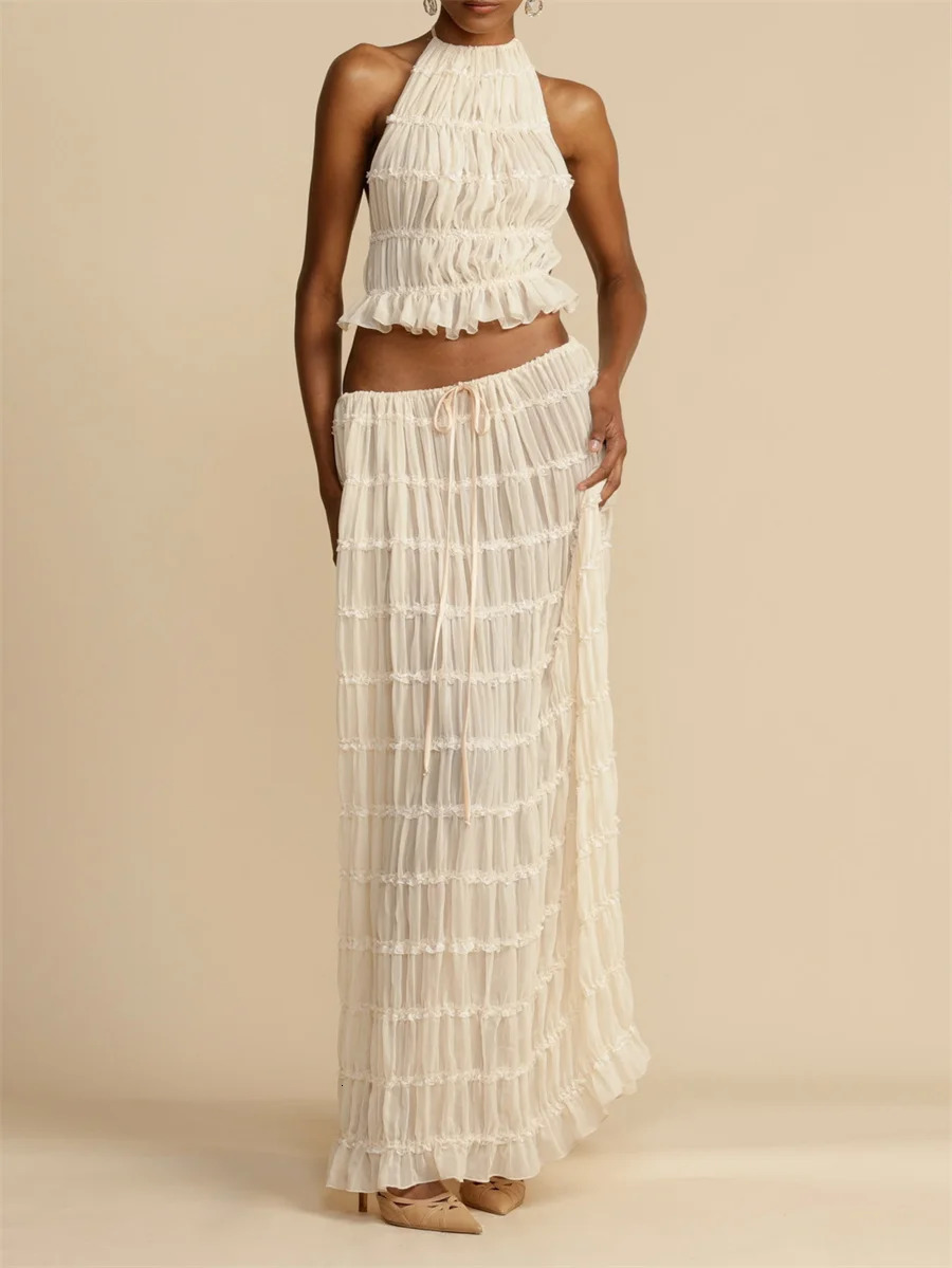 Fashion Solid Halter Neck Long Skirt Suit Women Backless Sling Top Lace Up Fold Maxi Skirts 2024 Elegant Ladies 2 Piece Set 250612