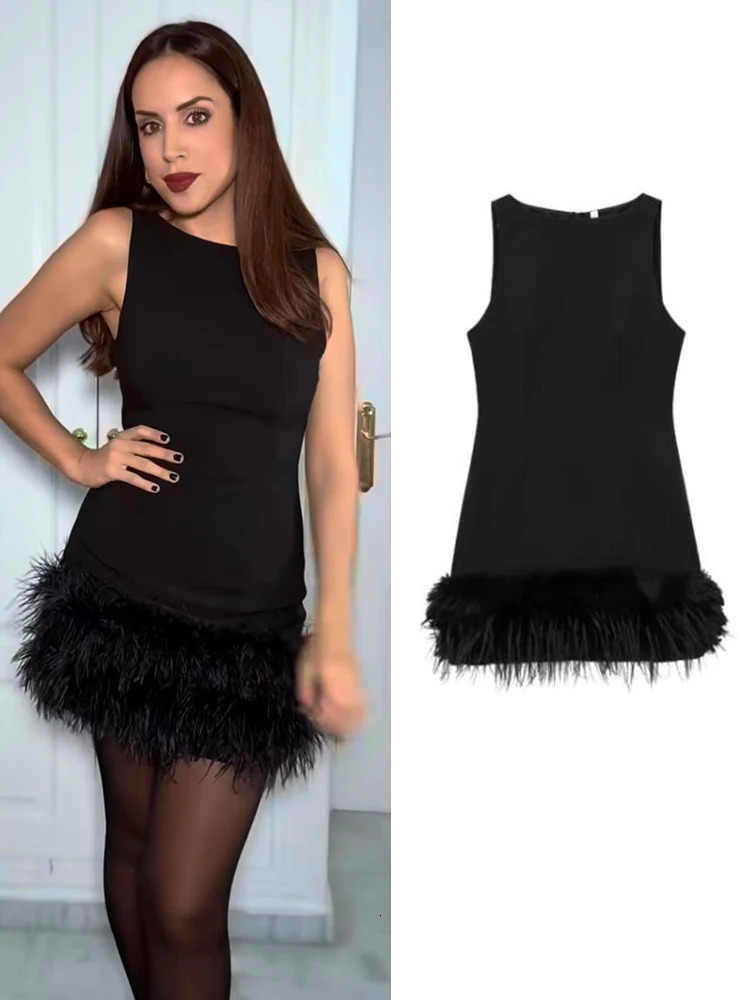 TFMLN 2024 Femmes élégantes plumes mini robes sexy slim sans manches chic robe de fête de mode de mode résidence à glissière 2550616