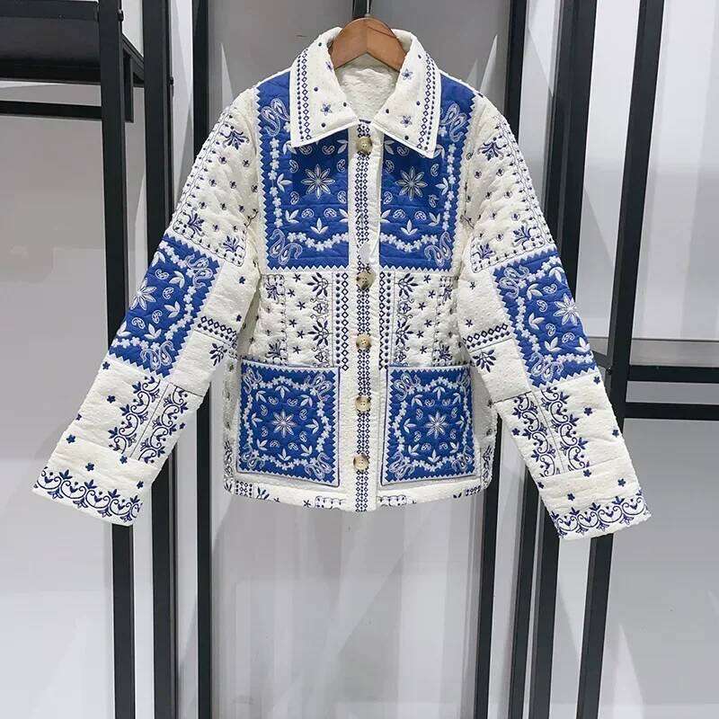 2024 Autumn and Winter New Women Ethnic Floral Embroidered Quilted Lapel Thin Cotton Jacket