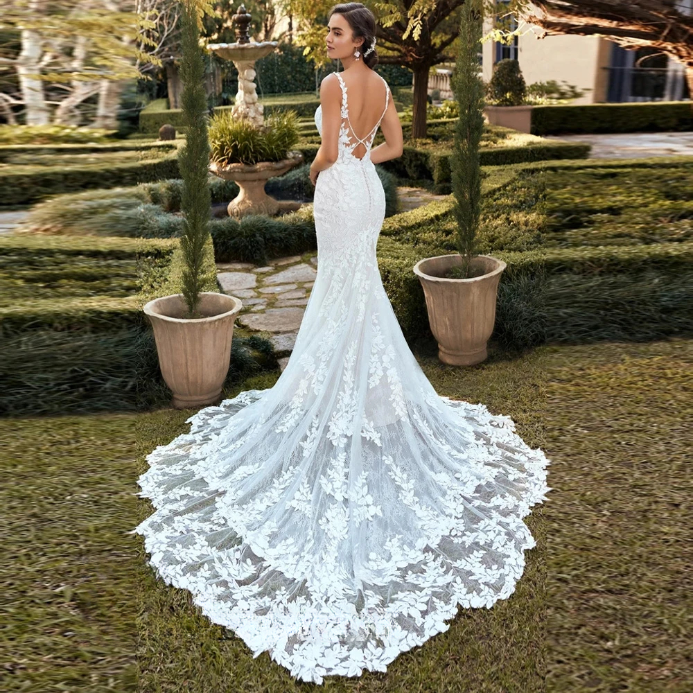 Mermaid Backless Sleeveless Sheath Wedding Dresses V-Neck For Women Appliques Lace Spaghetti strap Custom Made Color/Size