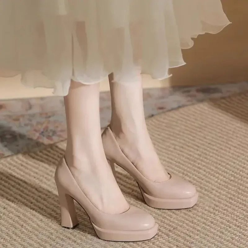 Elegant French Style Womens High Heels Round Toe Ultra Thick Platform Non Slip Fiberglass Sole Comfortable For Adults 250614