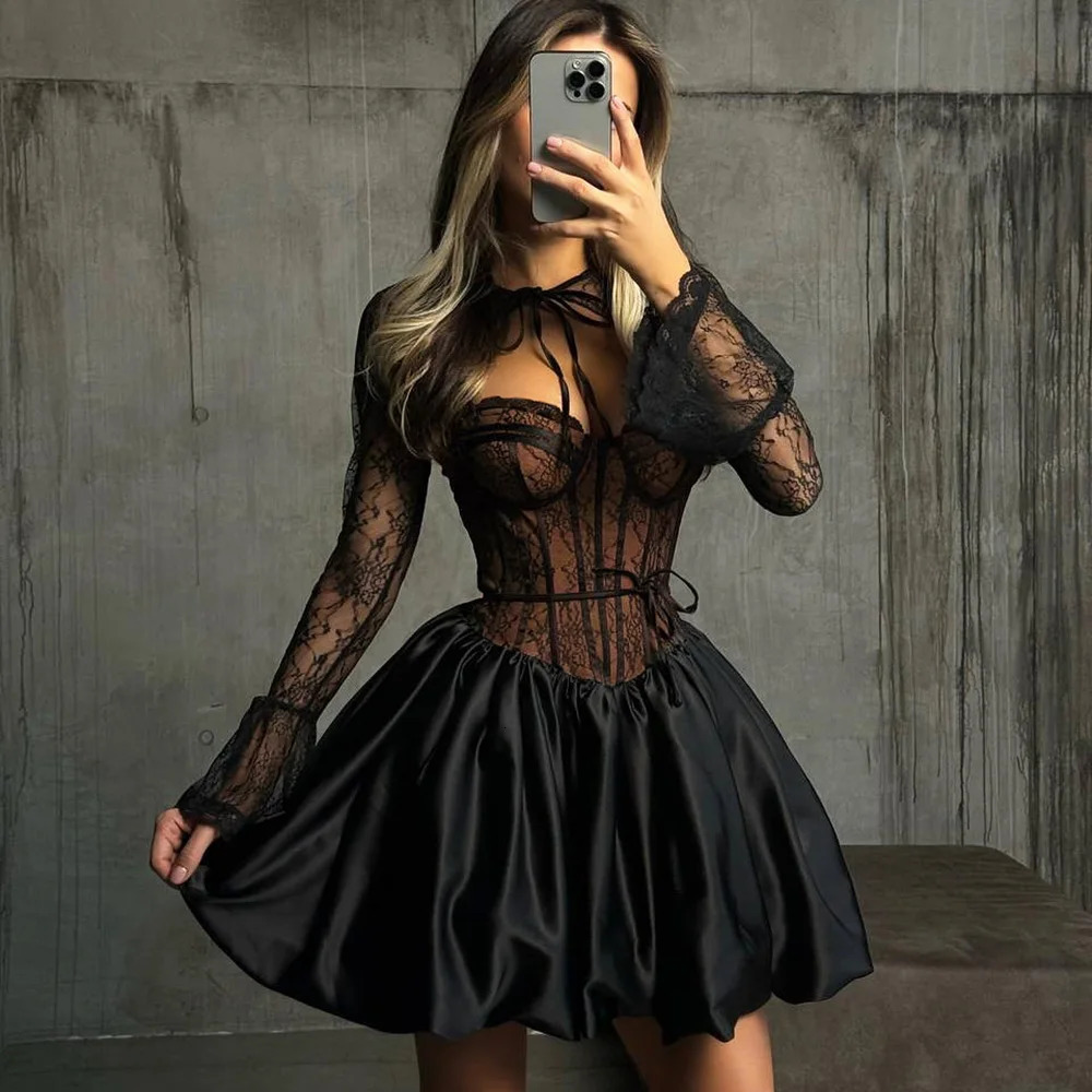 Talenza Black en dentelle robe plissée Femmes Elegant Slim Sexy Sexy Lace Lacet A-Line Robe Party Club Y2K High Waist Dress Set 250606