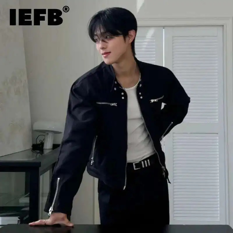 IEFB Stand Collar Solid Color Mens Jackets Zipper Patchwork Korean Style Casual Tops Loose Short Male Coat Spring Simple 9W1067 250614