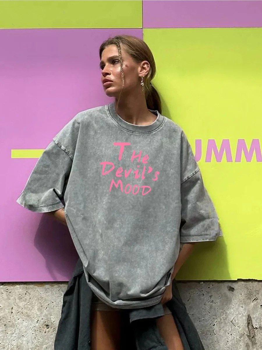 Fashion Womans Cotton Washed T-shirts The Devils Moon Letter Prints Tops Casual O-Neck Oversize Tees Street Female Clothes 250614